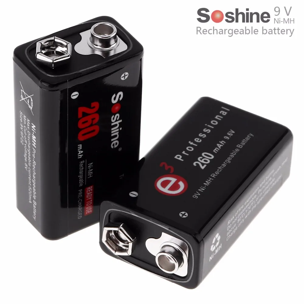 

Soshine 2pcs 9V 6F22 260mAh Ni-MH Rechargeable Battery Support Pre-charged + Portable Battery Box for Wireless Remote Controller