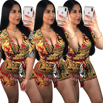 

2019 New Women V Neck Half Length Sleeve High Waist Belts Short Combination Vintage Zebra Printed Romper Sexy jumpsuit Outfit