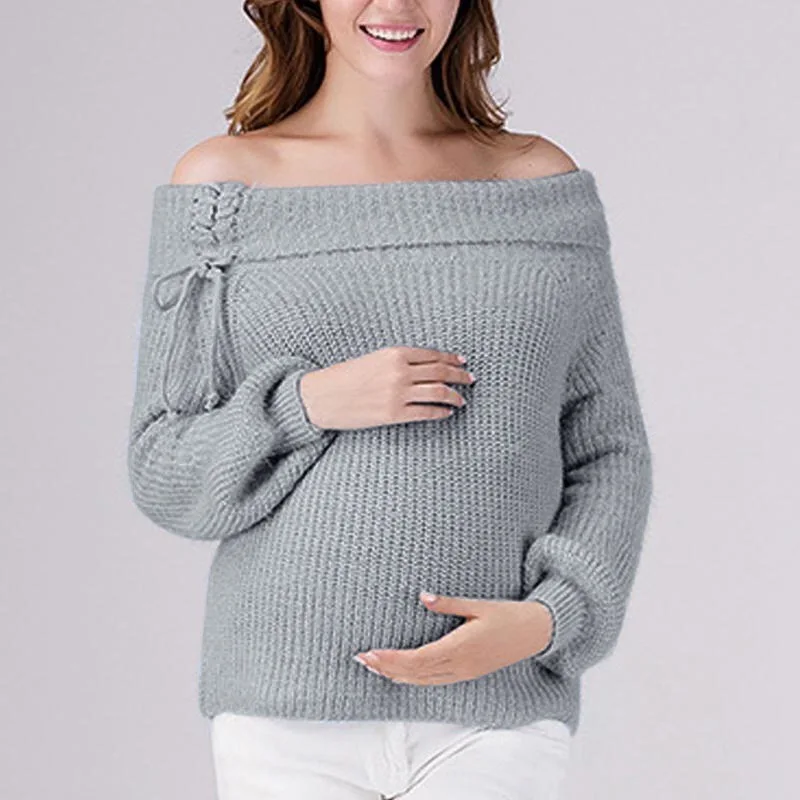 Свитер со шнуровкой на одно плечо, Весенняя и осенняя блузка для беременных, женская одежда, топы для беременных женщин, Однотонный свитер - Цвет: Серый