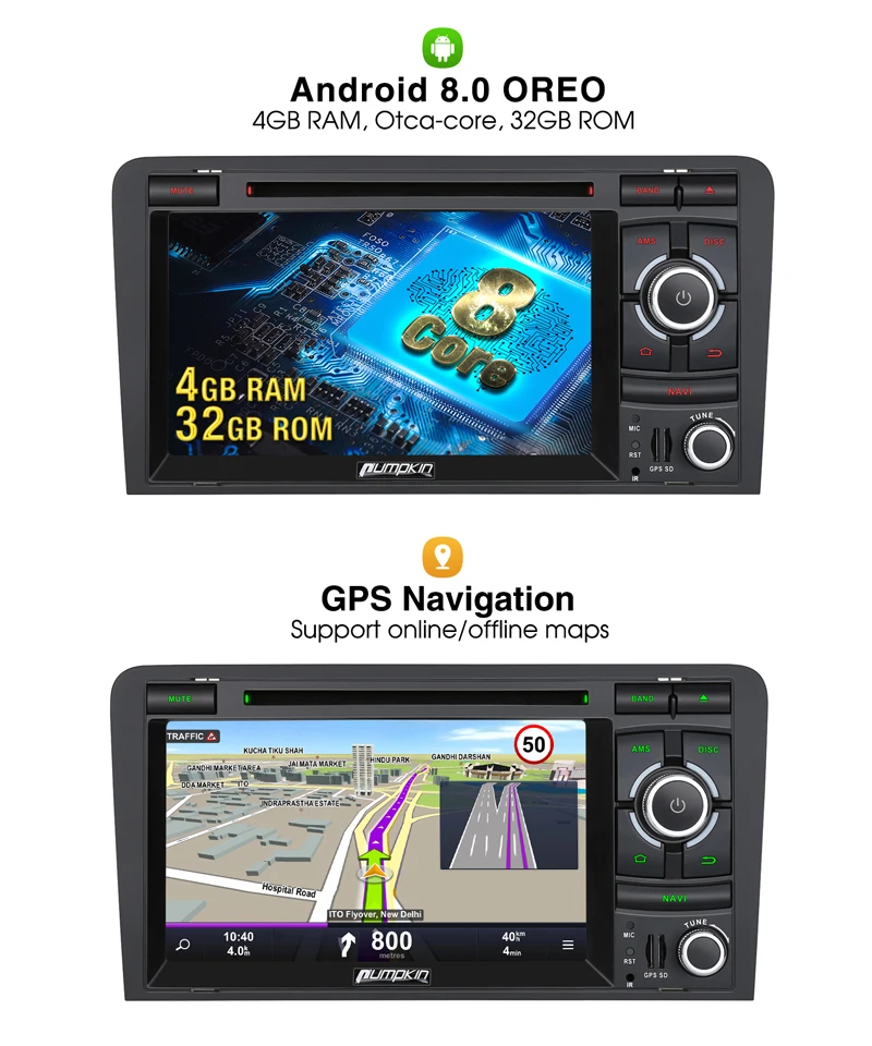 Top Pumpkin 2 Din7"Android 8.0 GPS Navigation 4GB RAM Car Multimedia DVD Player For Audi A3 2003-2011 Autoradio FM Radio Headunit 1