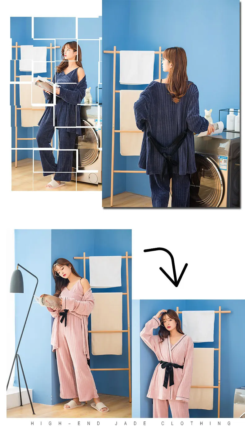 Новый из трех частей пижамы для девочек сексуальные удобные и мягкие пижамы Для женщин в полоску Пижама с v-образным вырезом зимние