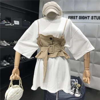 

New Spring Summer Fashion Women's Sets Medium-long Short Sleeve T-shirts + Slim Waist Single Breasted Strap Vests Students Suits