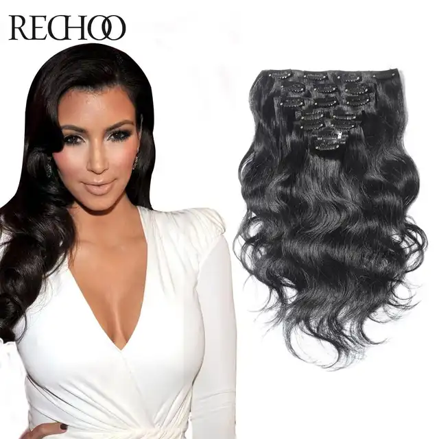 Online Shop Double Weft Clip In Wavy Human Hair Extensions Black