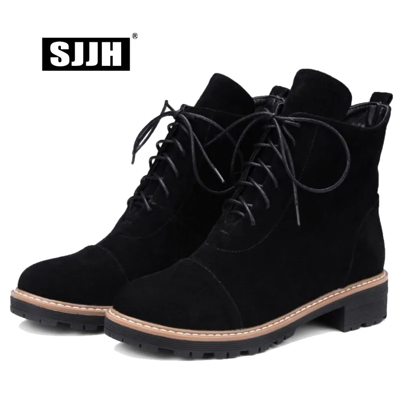

SJJH Women Lace-up Flat Martin Boots with Round Toe Nubuck Short Plush Ankle Boots Autumn Fashion Formal Shoes Large Size A1066
