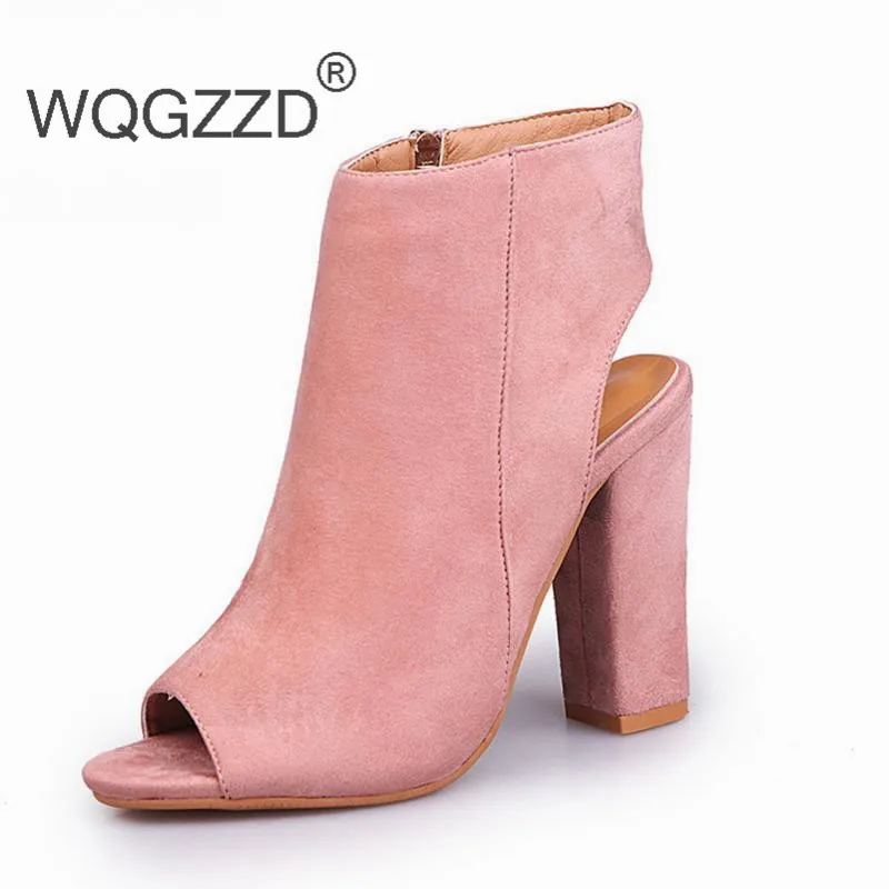 

2018 Spring Summer Women Open Toe Boots Casual Faux Suede Ankle Boots Thick High Heels Peep Toe Women Boots