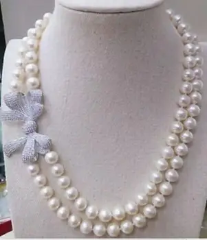 

Beautiful 2rows round 9-10mm white pearl necklace 18"-19"