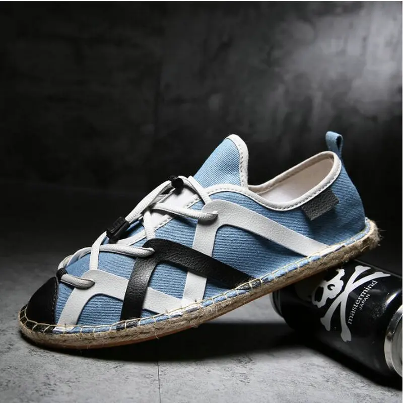 New Designer Fashion Male Loafers Lazy Flats Lace up Sole Men's Shoes Casual Fisherman Shoes Linen Canvas Espadrilles LF-52