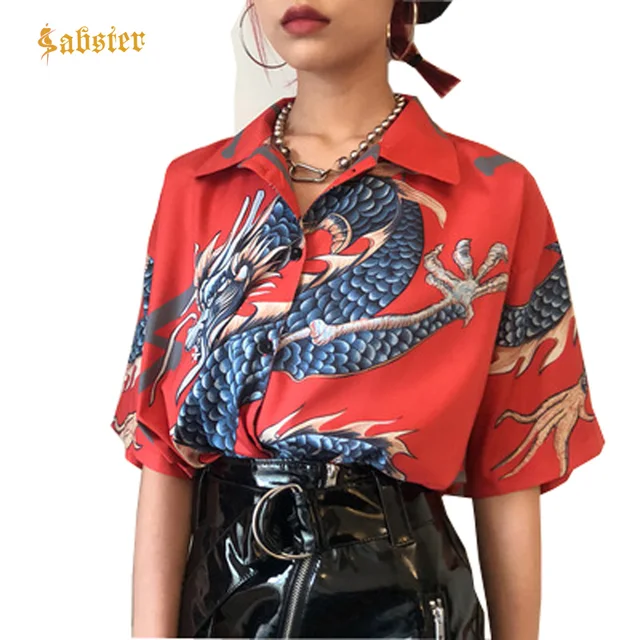 US $10.99 2018 Summer Women Tops Harajuku Blouse Women Dragon Print Short Sleeve Blouses Shirts Female Street