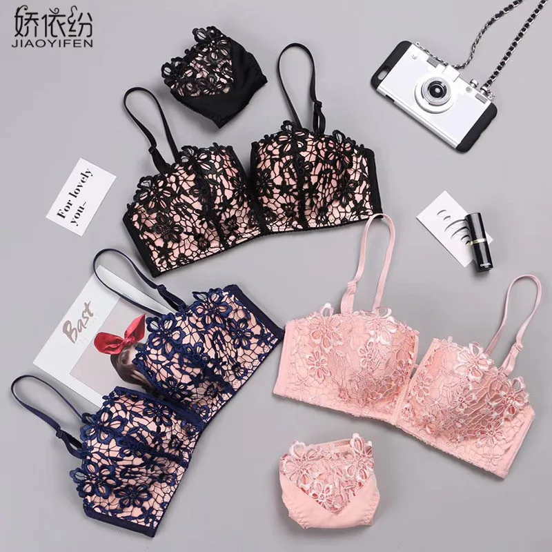 

JYF Brand New Hot Sale Sexy Lace Thin Ssection Women Bra Set Wire Free Embroidery Underwear Girl Push Up Bra & Brief Sets