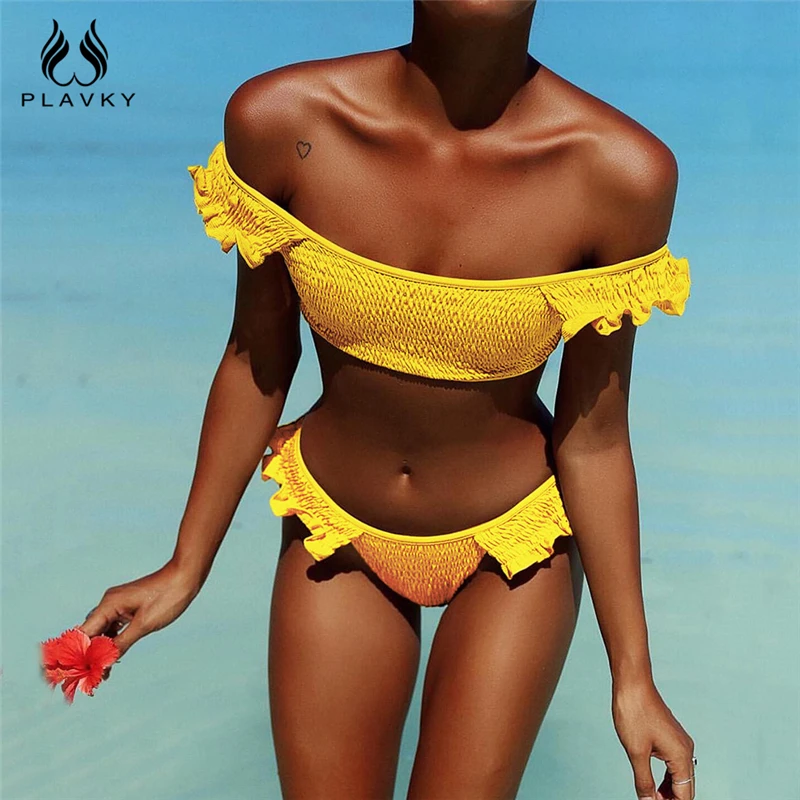 

PLAVKY 2018 Sexy Crinkle Pleat Off Shoulder Ruffled Biquini Ripple Swim Bathing Suit Swimsuit Swimwear Women Brazilian Bikini