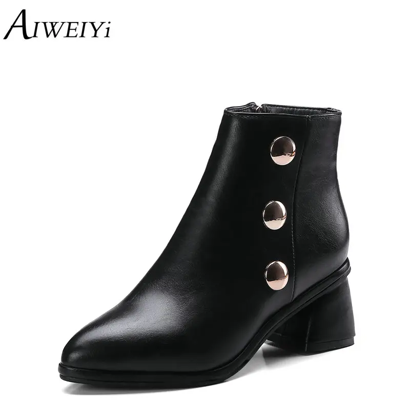 

AIWEIYi Black High Heels Martin Boots for Women White Chunky Heels Boots Fur Warm Winter Ladies Botas Mujer Casual Shoes