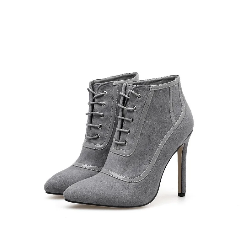 

2018 autumn new European and American cross straps pointed stiletto Martin boots women's booties gray 0116