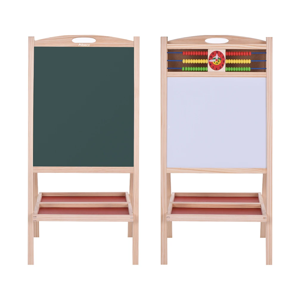 

Folding Kids Wooden Art Easel Chalkboard White Drawing Board Dual-sided Magnetic Education Board with Handle Marker Pen Chalks