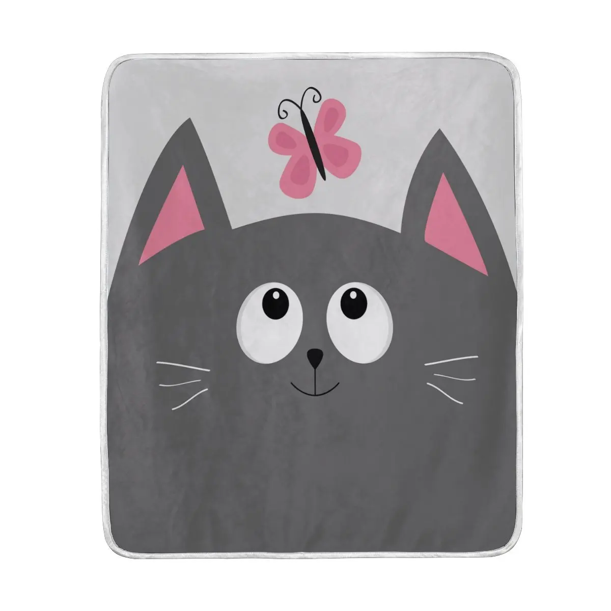 Cute Gray Cat with Pink Butterfly Blanket Soft Warm Cozy Bed Couch