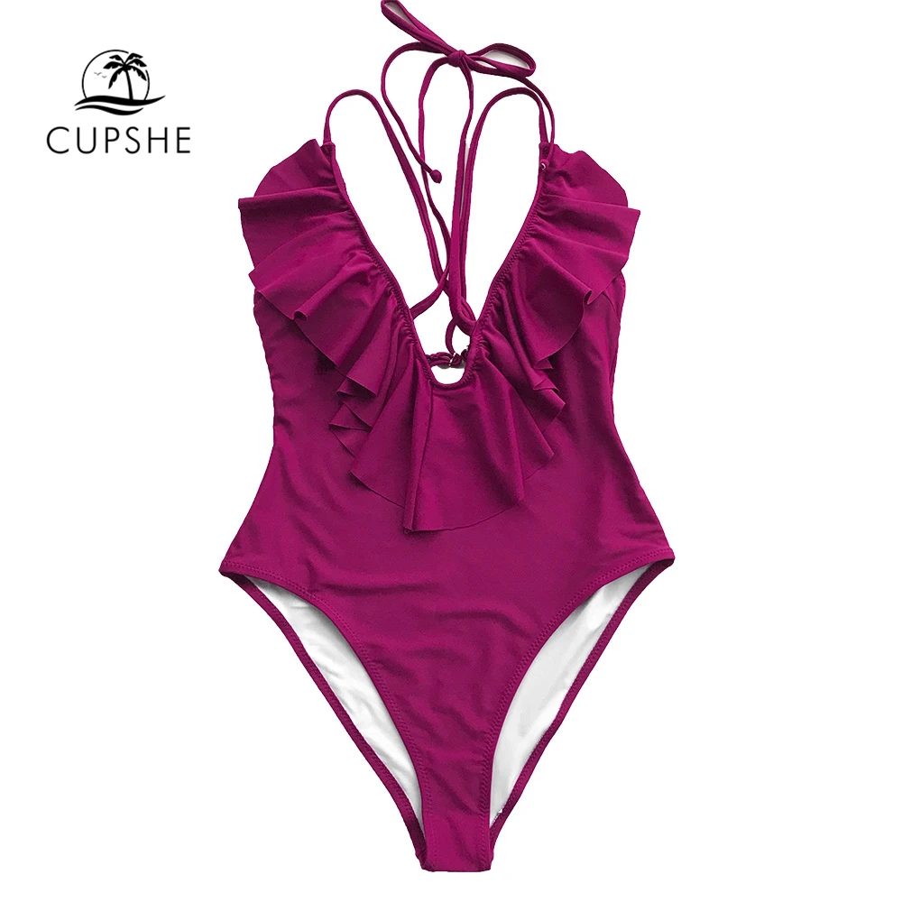 

CUPSHE Fuchsia Ruffle Falbala One-piece Swimsuit Women V-neck Adjustable Soild Swimwear 2019 Beach Bathing Backless Monokinis