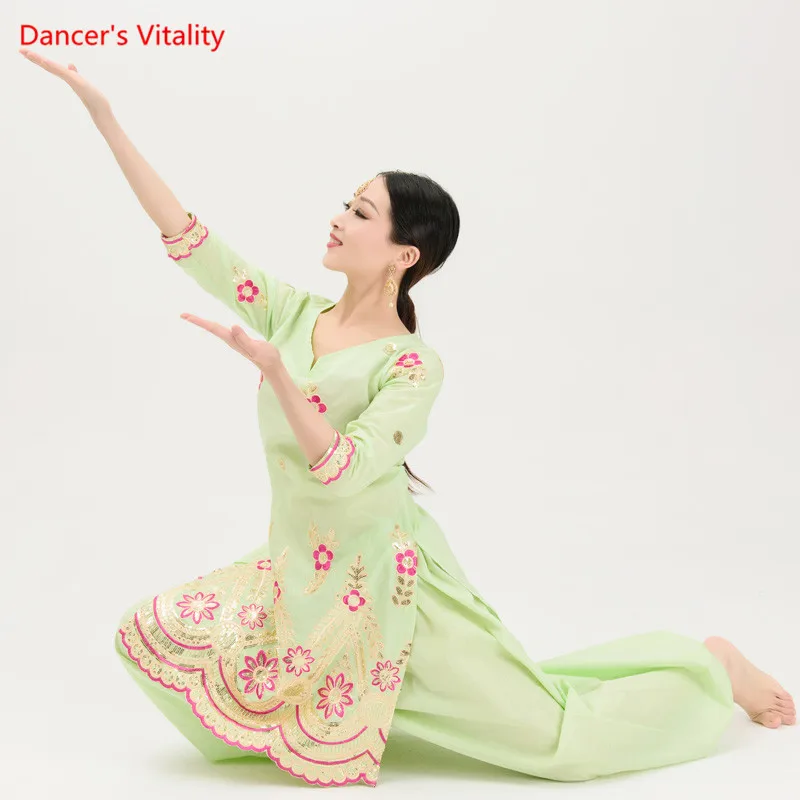 

New India Dance Clothes Practice Suit Handmade Sequins Embroidery Tops+Wide-leg Pants 2pcs Set For Women Belly Dance Costumes