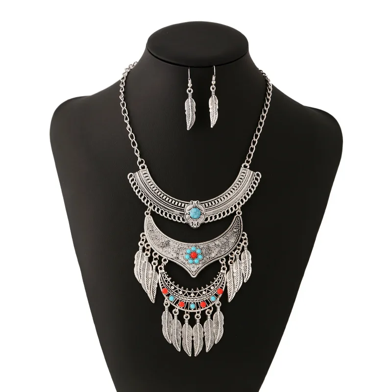 

Jewelry Sets For Women Vintage Antique Gold/Silver Color Jewelry Set Leaf Statement Necklace Earrings Set Fashion Jewelry
