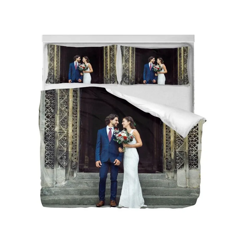 طقم سرير أزياء الزفاف العروس العريس الصورة 3D لحاف مطبوع يغطي الملك حجم غرفة نوم الديكور السرير كيس وسادة 3 قطع