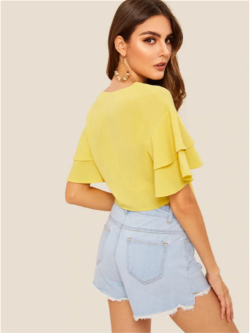 New Fashion Women Casual Loose Summer Short Sleeve T-shirt Tops Sexy Chiffon Crop Tops Ladies V Neck Sunsuit New Fashion Women Casual Loose Summer Short Sleeve T-shirt Tops Sexy Chiffon Crop Tops Ladies V Neck Sunsuit