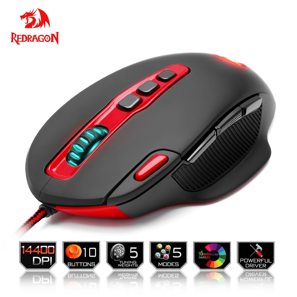 

Redragon USB Gaming Mouse 14400 DPI 10 buttons ergonomic design for desktop computer accessories programmable mice gamer lol PC