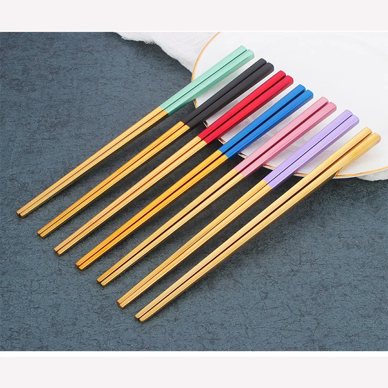 

1 Pair palillos chinos 23.3cm Square Chopsticks SUS304 Stainless Steel Titanium Gold Rose Gold Sushi Hashi colorful chopstick