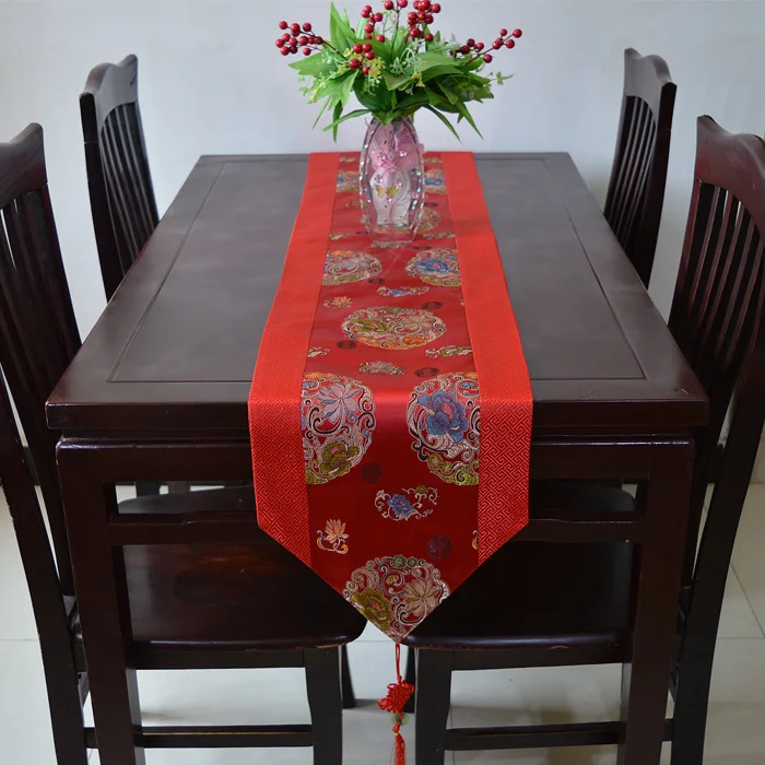 Китайский стиль красный настольная дорожка атласная роскошное свадебное украшение китайский узел кисточка чайная кровать скатерть