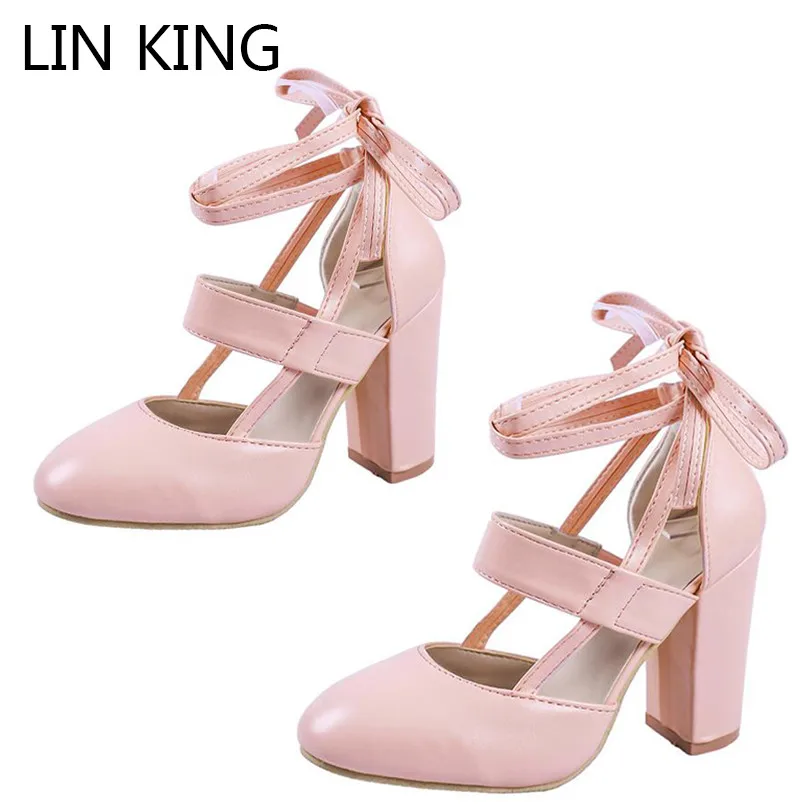 

LIN KING Sweet Lace Up Knot Women Pumps High Heel Round Toe Single Shoes Square Heel Solid Lady Lolita Party Shoes Plus Size 43