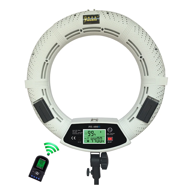 

Yidoblo White FE-480II Photo Studio Macro Ring Light RC LED Video Light Lamp LCD Screen Display Photographic Lighting 96W 5500K