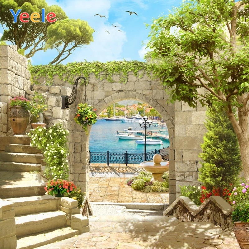 

Yeele Coastal City Stone House Flower Tree Stair Summer Photography Background Customized Photographic Backdrop for Photo Studio