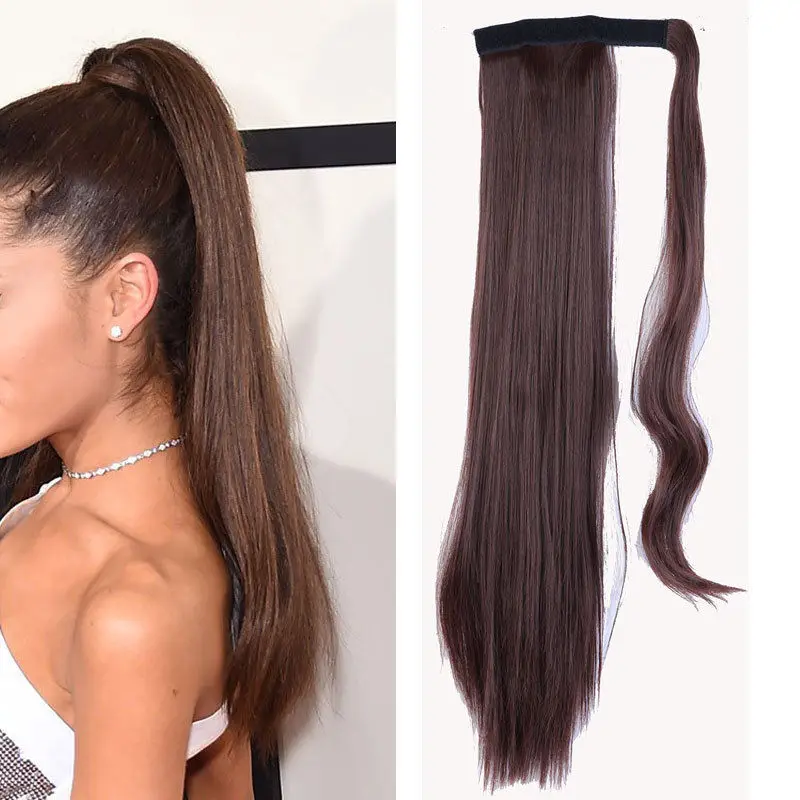 SNOILITE 23-26inch Long straight Real Natural Ponytail Clip in Pony tail Hair Extensions Wrap Around on Synthetic Hair Piece