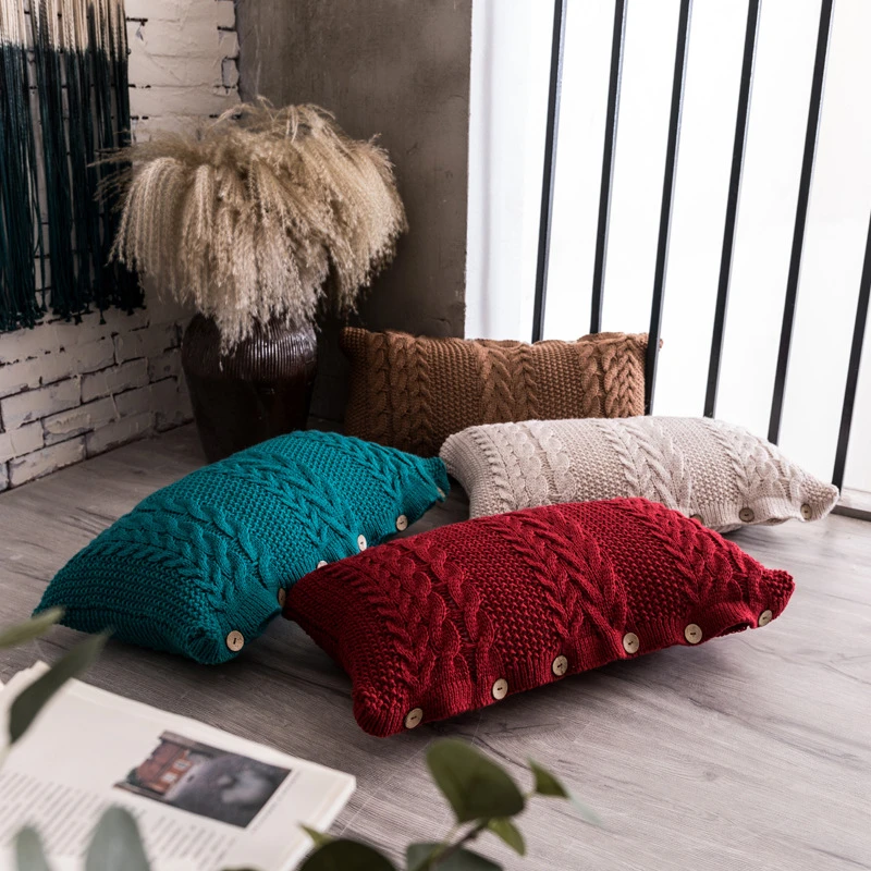 

35x65cm Nordic Simple Wool Woven Button Solid Color Rectangular Waist Back Pillowcase Home Living Room Sofa Cushion Cover