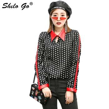 

Polka Dot Leather Blouses Women Summer Streetwear Chiffon Spliced Sheepskin Genuine Leather Tops Casual long Sleeve Shirts