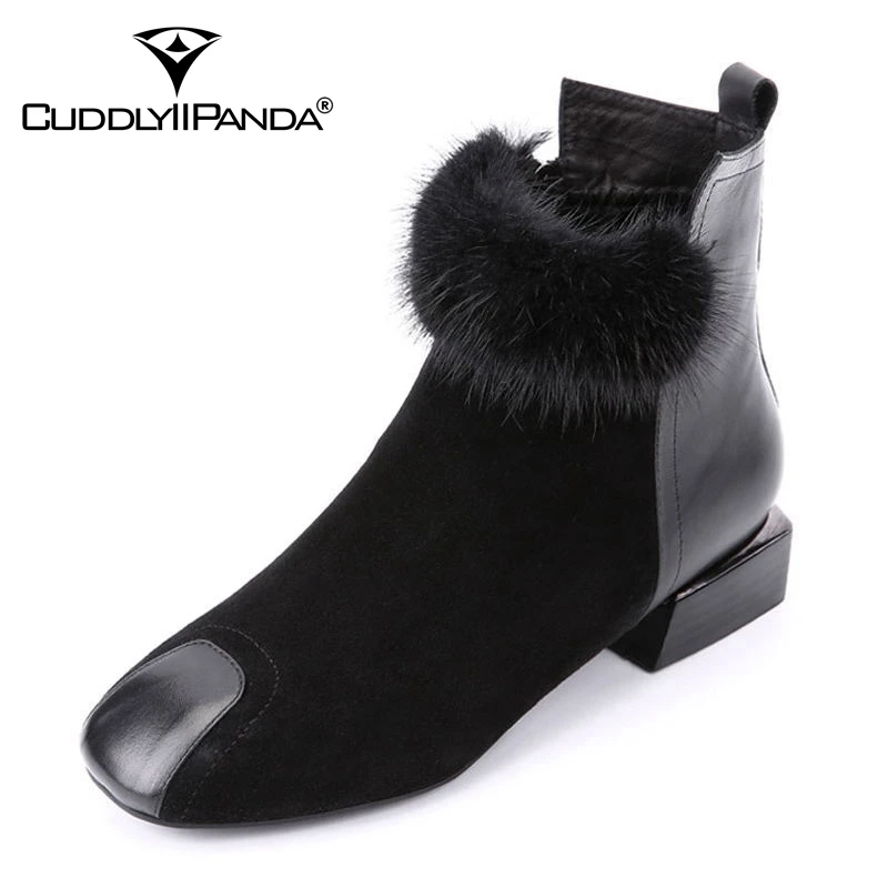 

CuddlyIIPanda Women Fashion Square Toe Martin Boots Autumn Winter Warm Fur Boots Luxury Design Motorcycle Snow Boots Botas Mujer