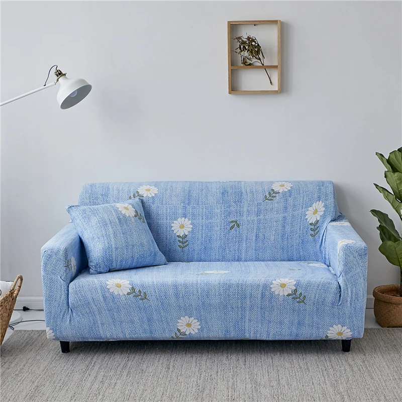 Blue Color Flower Printed Sectional Couch Covers Polyester Stretch All