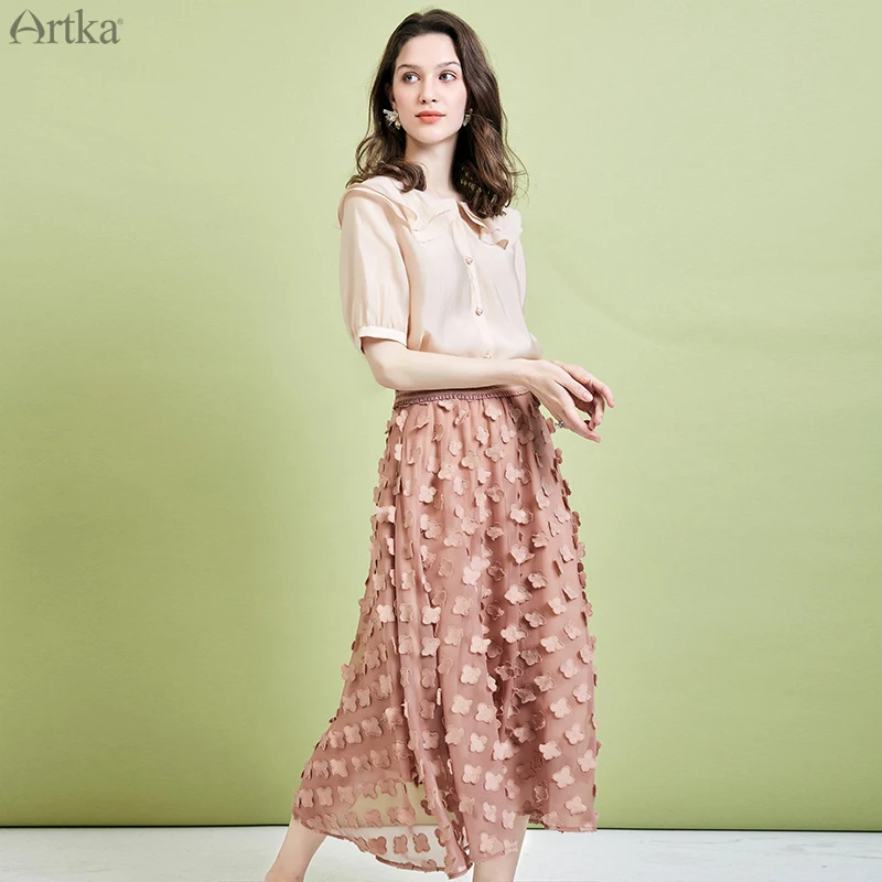 ARTKA Летняя женская юбка, элегантная сетчатая юбка с высокой талией, длинная шифоновая юбка с цветочным орнаментом, юбка с эластичной талией, QA10790X