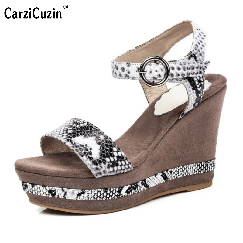 

CarziCuzin Mature Women Genuine Leather Wedges Sandals Ankle Strap Peep Toe Platform High Wedges Sandals Summer Shoes Size 34-39
