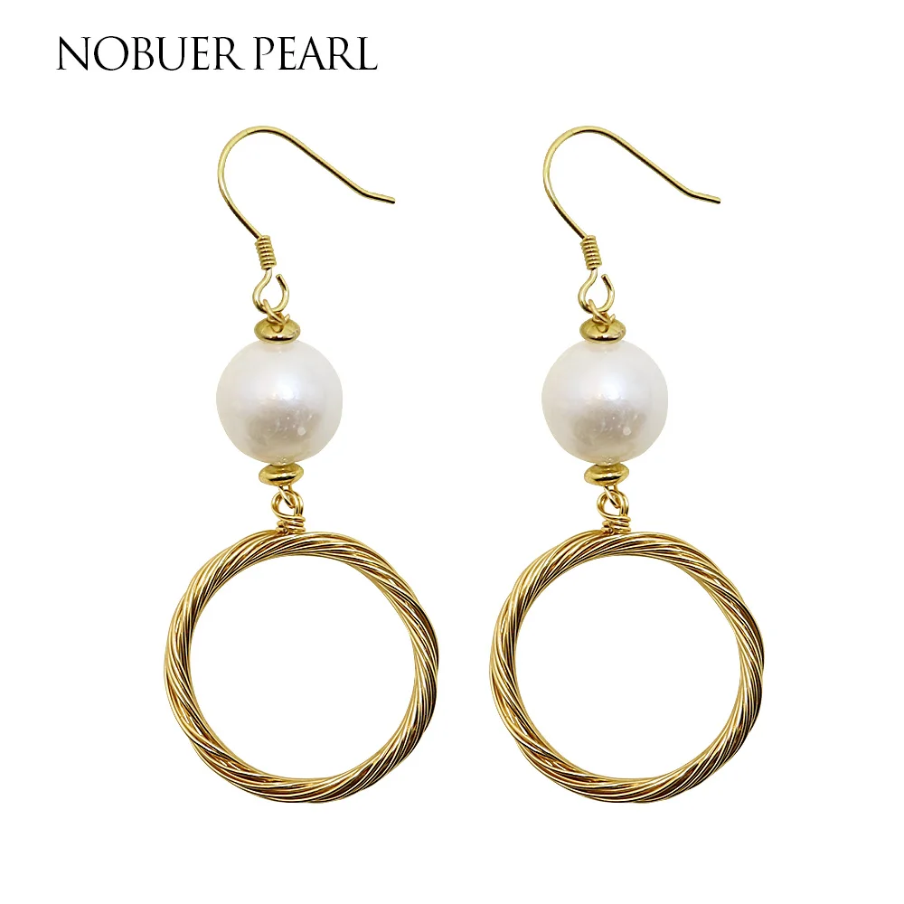 

Nobuer 14KGF Handmade Winding Pearl Drop earrings For Women White Round Pearl Long Trendy Fashion Women Earrings Hanging Jewelry