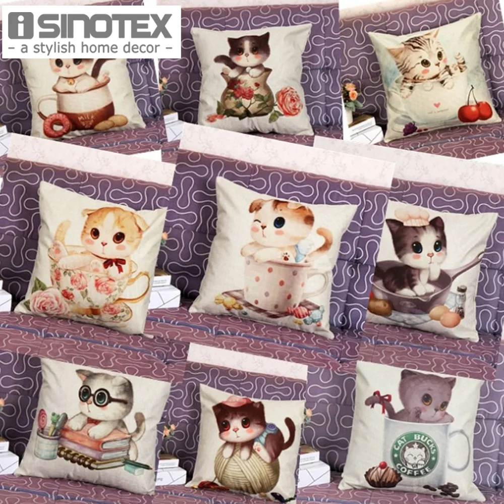 

1PCS/Lot Linen Cushion 45*45cm/17.7*17.7'' Cat Print Pattern Home Decor