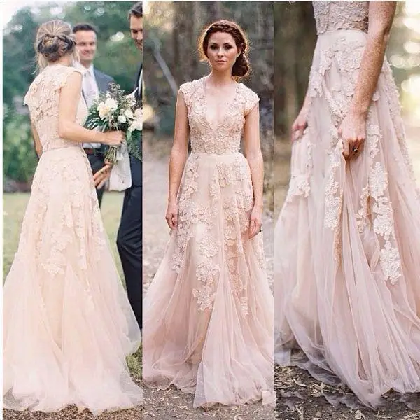 2018 Cheap Country A Line Wedding Dresses V Neck Full Lace Appliques Blush Pink Champagne Long Sweep Train Reem Acra Formal Bridal Gowns