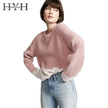 

HYH Haoyihui Simple Commuting Wind Daily Round Neck Pink White Color Knitting Tops Loose Shoulder After Hollowing Out Sweater
