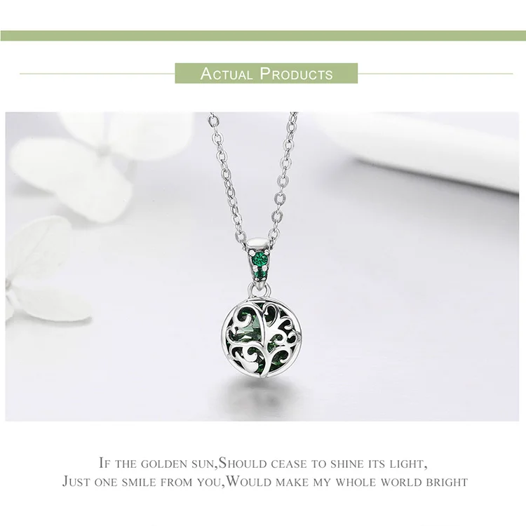 BAMOER 925 пробы серебро зеленый кристалл Древо жизни листья дерева кулон ожерелье для женские серебряные ожерелья ювелирные изделия SCN197