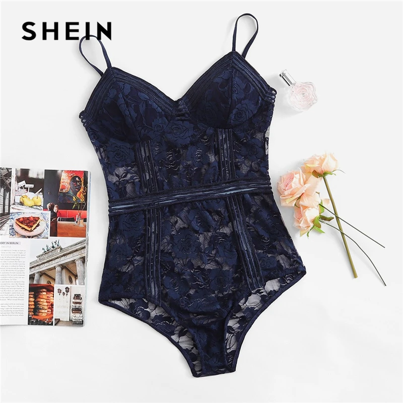 SHEIN Боди С Кружевами И V Образным Вырезом 2019 Женское Зеленое Сексуальное На