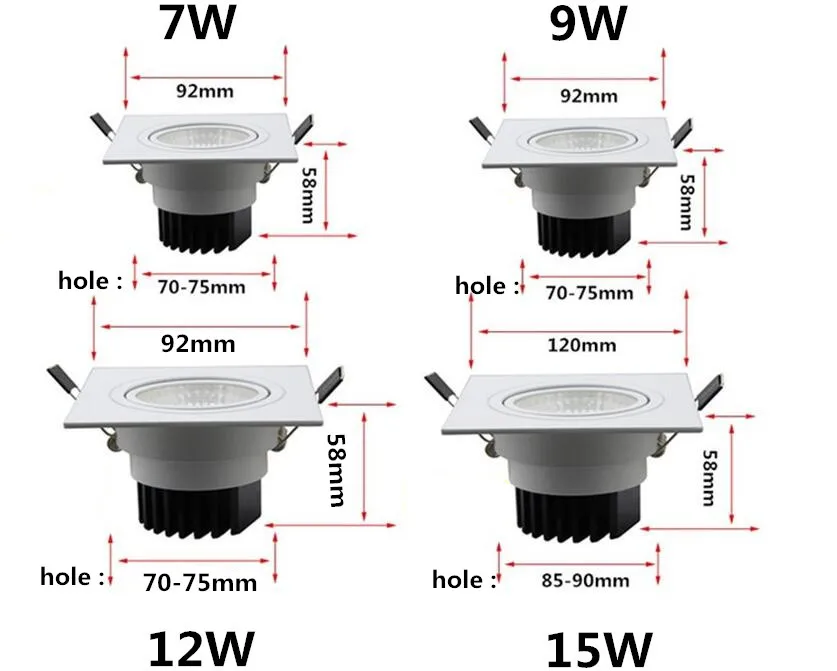 Белый Диммируемый Светодиодный точечный светильник лампа 7 Вт, 9 Вт, 12 Вт, 15 Вт, 35 Вт cob Светодиодный прожектор 220 V/110 V потолочные встраиваемые вниз светильник s квадратный светодиодный панельный светильник
