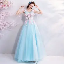 Небесно-голубое платье для выпускного вечера розовый цветок бабочка v-образный вырез Тюль Струящееся плечо длинное до пола вечернее платье для прогулки рядом с вами