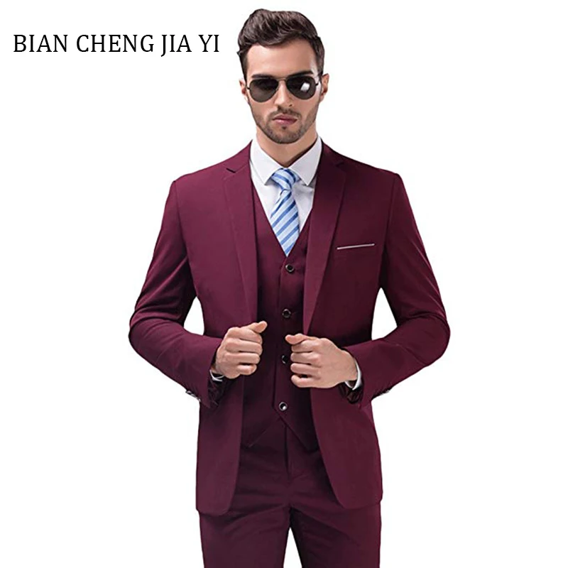 

Men's Fashion Wine red suits Formal Business Dress Suits Slim Fit Men Blazers 3 pieces suits Wedding Groom Prom Party Tuxedos