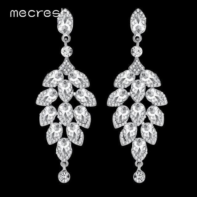 Mecresh Crystal Bridal Long Drop Earrings For Women Silver Color Mecresh Crystal Bridal Long Drop Earrings For Women Silver Color Christmas Tree Shape Prom Hanging