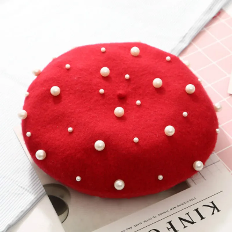 

Women beret elegant wool beret for Winter hats Luxury faux pearl rivet Vintage Female Warm Girls Flat cap painter french cap
