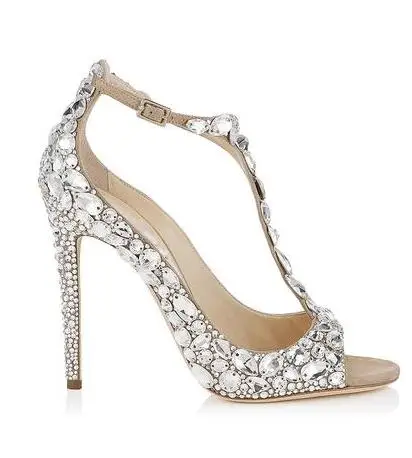 

Newest Designer Bling Bling Crystal T-strap High Heel Sandals Peep Toe Cut-out Women Party Dress shoes woman Elegant Dress shoes