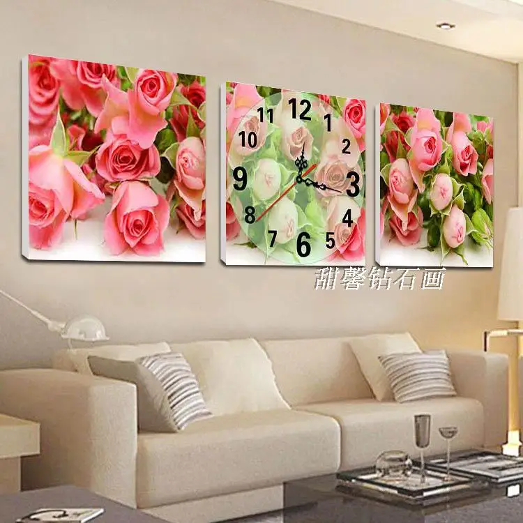 3 шт. квадратная дрель, полная алмазная живопись, розовые розы, цветы, 5D, палочки, дрель крестиком с часами, мозаичные настенные часы