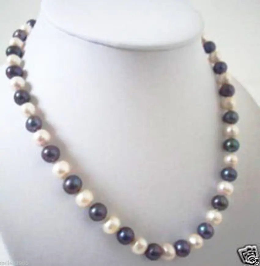 Hot sale new Style >>>>>7 8mm Beautiful genuine freshwater black and white pearl necklace 18